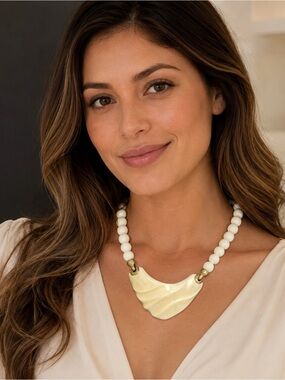 Ivory Beaded Necklace with Gold Statement Pendant